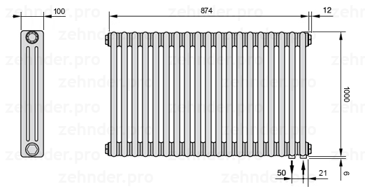 Схема (чертеж) Радиатор Zehnder Charleston 3100/19 №5510 Белый глянцевый RAL 9016